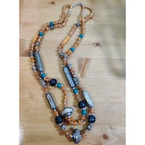 Boho SW Funky Beaded Necklace Wood Silver Metal Beads Multicolor 28"